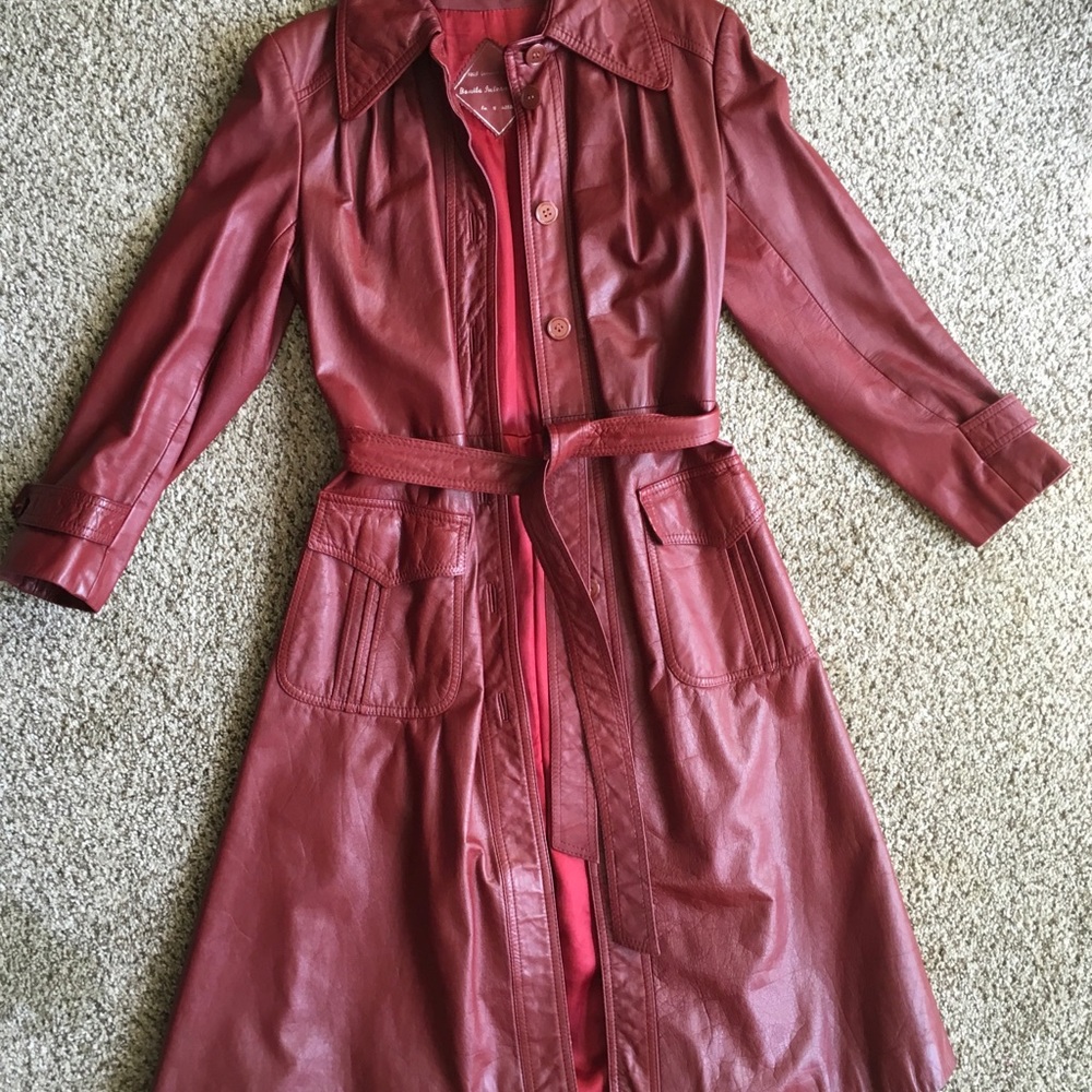 Red leather trench coat